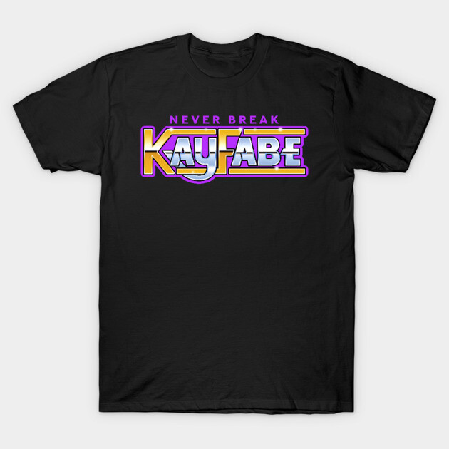 Black graphic tee with "Never Break Kayfabe" text in retro style, ideal for casual wear, 100% cotton material.