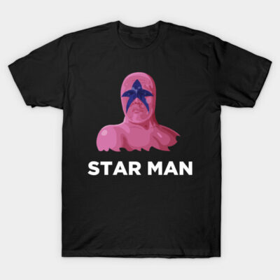 Black "Star Man" t-shirt with pink graphic and blue star design, casual wear, cotton material.
