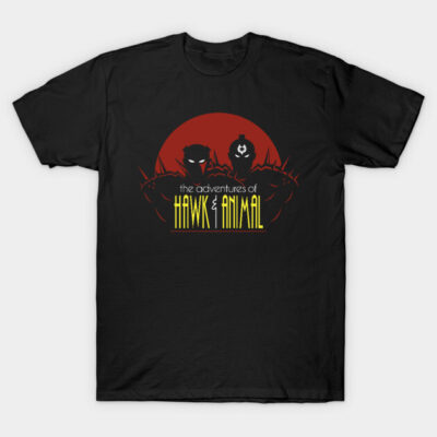 Black graphic t-shirt featuring "The Adventures of Hawk & Animal" design with red and yellow accents, casual style.