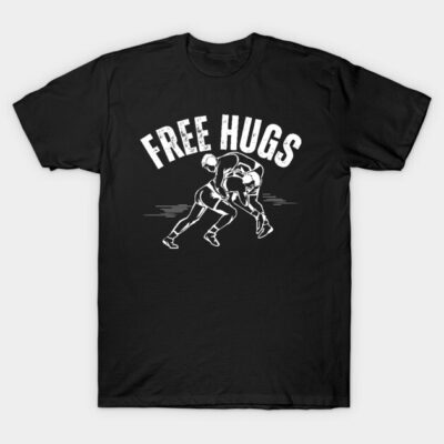 Black t-shirt with "Free Hugs" text and wrestling graphic, casual wear, soft cotton material.