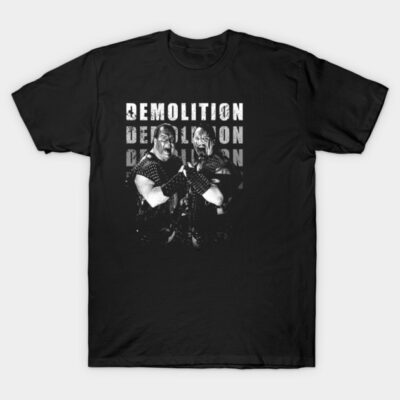 Black Demolition graphic t-shirt featuring bold text and vintage wrestling design, perfect for casual wear and fans.