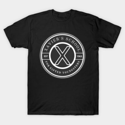 Black graphic t-shirt featuring a white circular logo design, ideal for casual wear. 100% cotton material for comfort.