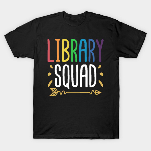 Library Squad T-Shirt 1 Black t-shirt with colorful "Library Squad" text and arrow design, perfect for book lovers and casual wear.