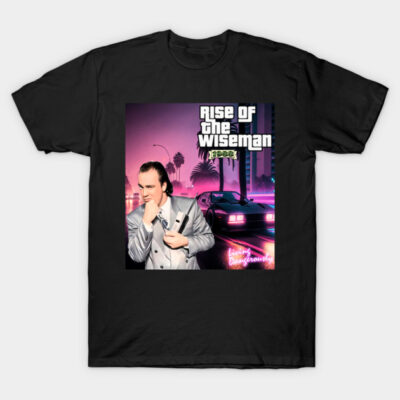 Black t-shirt with retro design featuring a cityscape and classic car, ideal for casual wear or vintage style enthusiasts.