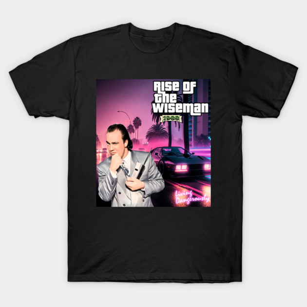 Black t-shirt with retro design featuring a cityscape and classic car, ideal for casual wear or vintage style enthusiasts.