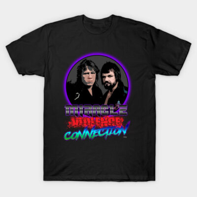 Black graphic t-shirt with colorful "Miracle Violence Connection" text and retro design, perfect for casual wear.