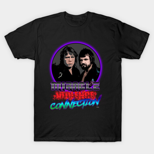 Black graphic t-shirt with colorful "Miracle Violence Connection" text and retro design, perfect for casual wear.