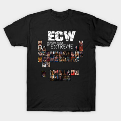 Black ECW-themed t-shirt featuring a periodic table design with colorful graphics, ideal for wrestling fans.