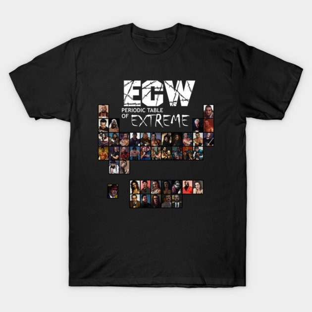 Black ECW-themed t-shirt featuring a periodic table design with colorful graphics, ideal for wrestling fans.