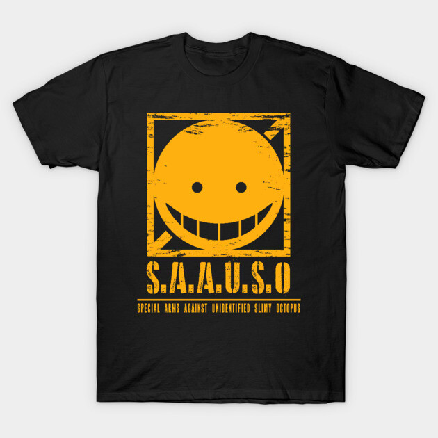 Black t-shirt with yellow smiley face graphic and text design, casual unisex cotton tee for everyday wear.