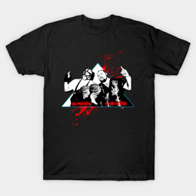 Black graphic T-shirt with bold wrestling design, featuring red and white accents, ideal for casual wear.