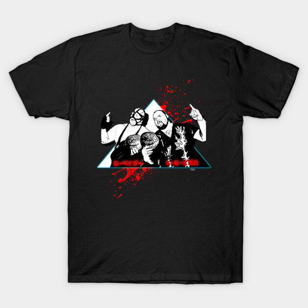 Black graphic T-shirt with bold wrestling design, featuring red and white accents, ideal for casual wear.