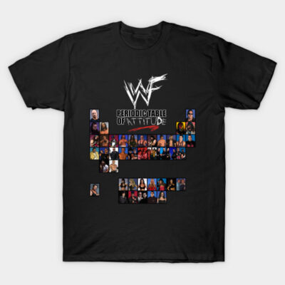 Black WWF-themed t-shirt featuring periodic table design with colorful wrestler images. Comfortable cotton material.