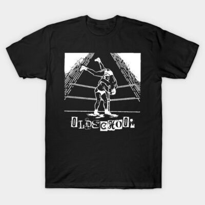 Black t-shirt with vintage wrestling design, "Old School" text, perfect for casual wear, 100% cotton material.