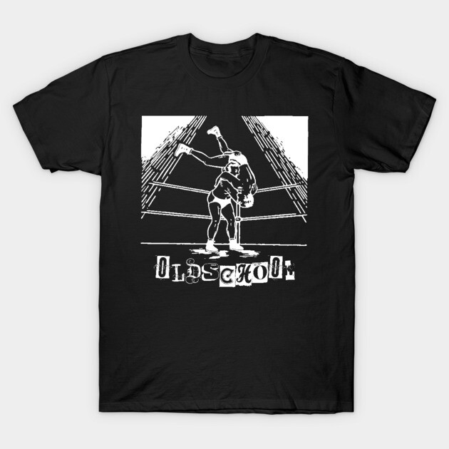 Black t-shirt with vintage wrestling design, "Old School" text, perfect for casual wear, 100% cotton material.