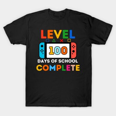 Black T-shirt with colorful "Level 100 Days of School Complete" gaming design, perfect for milestone celebrations.