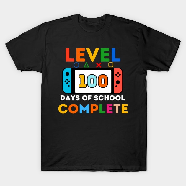Black T-shirt with colorful "Level 100 Days of School Complete" gaming design, perfect for milestone celebrations.