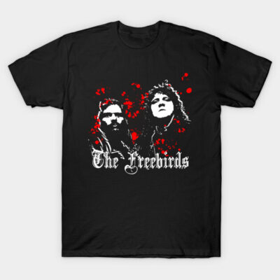 Black graphic t-shirt with bold red and white design, featuring "The Freebirds" text. Comfortable cotton casual wear.