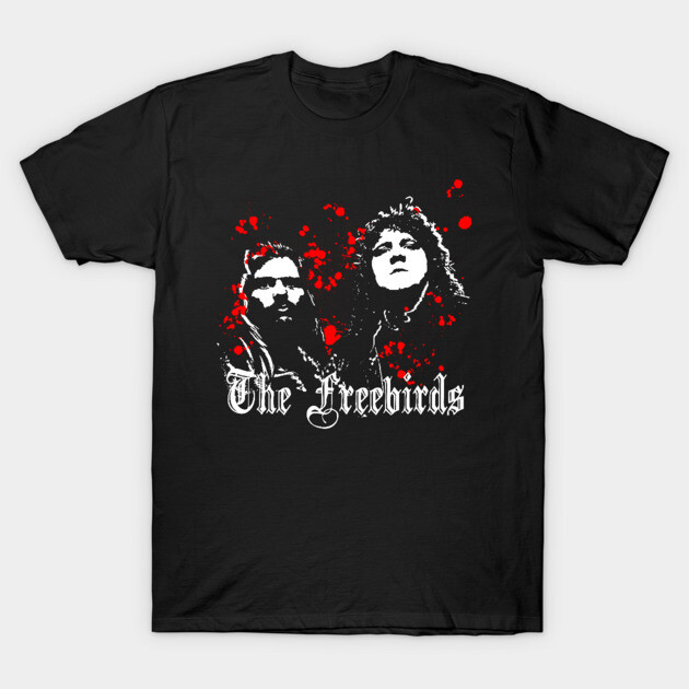 Black graphic t-shirt with bold red and white design, featuring "The Freebirds" text. Comfortable cotton casual wear.