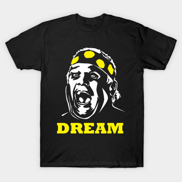 Black t-shirt with bold yellow "Dream" text and graphic design, casual style, cotton material.