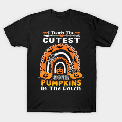 Black Halloween-themed t-shirt with "Cutest Pumpkins" kindergarten print, featuring pumpkins, bats, and spiderweb design.