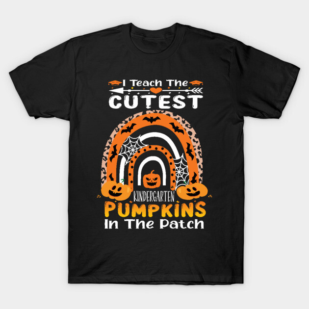 Black Halloween-themed t-shirt with "Cutest Pumpkins" kindergarten print, featuring pumpkins, bats, and spiderweb design.