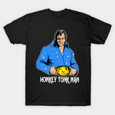 Black T-shirt with vintage blue jacket graphic, featuring "Honkey Tonk Man" text, casual style, cotton material.