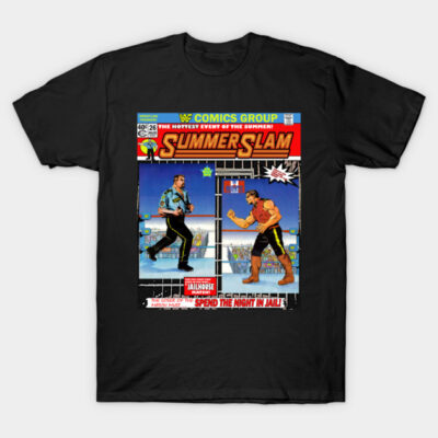 Black t-shirt featuring colorful retro wrestling comic design, perfect for casual wear and wrestling fans.