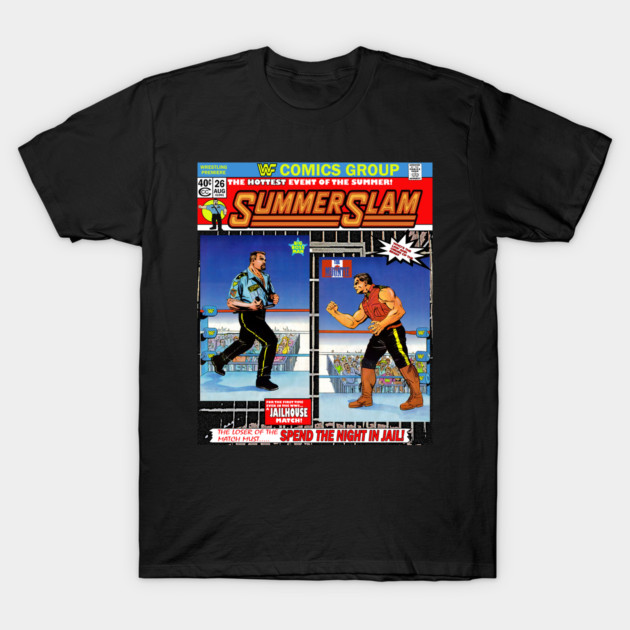 Black t-shirt featuring colorful retro wrestling comic design, perfect for casual wear and wrestling fans.