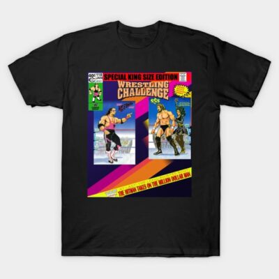 Black t-shirt featuring retro wrestling comic design, vibrant colors, casual style, cotton material, unisex.