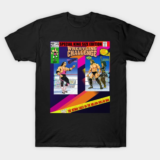 Black t-shirt featuring retro wrestling comic design, vibrant colors, casual style, cotton material, unisex.