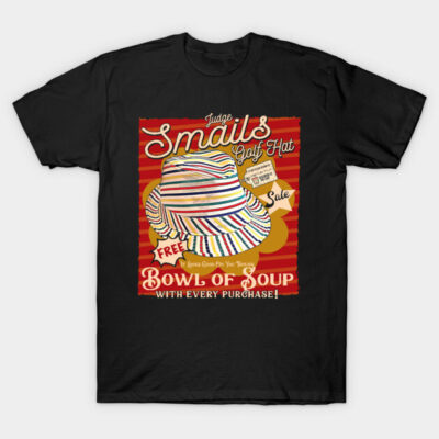 Black t-shirt with colorful striped hat graphic and retro-style text design, ideal for casual wear.