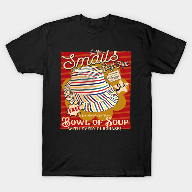 Black t-shirt with colorful striped hat graphic and retro-style text design, ideal for casual wear.