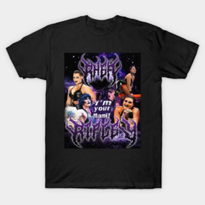 Black graphic t-shirt featuring bold purple text and dynamic collage design, ideal for casual wear.