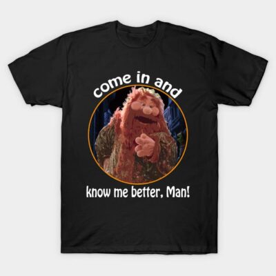 Black graphic t-shirt with colorful character design and playful text, perfect for casual wear and fan collections.