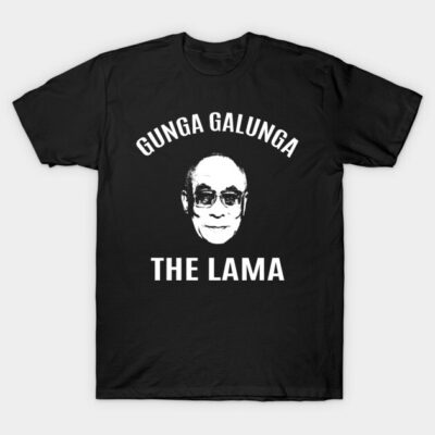 Black t-shirt with "Gunga Galunga The Lama" text and graphic, casual wear, soft cotton material, unisex design.