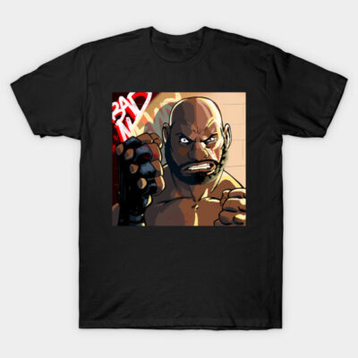 Black graphic T-shirt featuring bold cartoon fighter design with red and beige accents, perfect for casual wear.