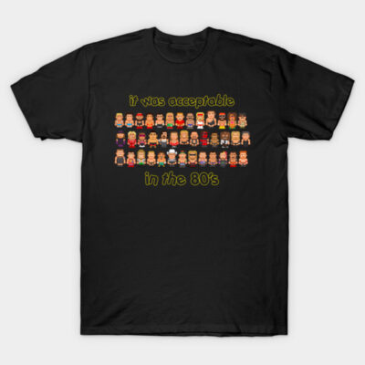 Black retro-themed t-shirt with pixel art design, featuring colorful 80s characters and text. Casual cotton wear.