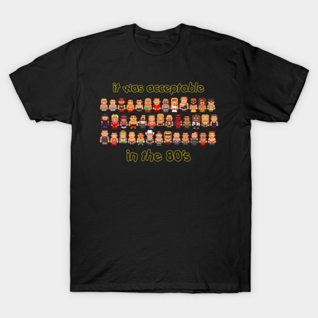 Black retro-themed t-shirt with pixel art design, featuring colorful 80s characters and text. Casual cotton wear.