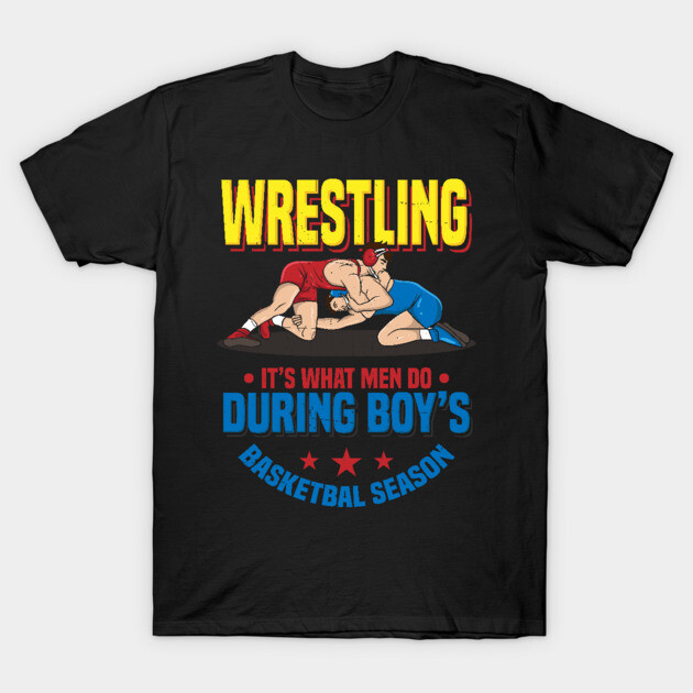 Black wrestling-themed graphic T-shirt, featuring colorful text and illustrations, perfect for sports enthusiasts.