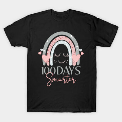 Black T-shirt with "100 Days Smarter" design, featuring a pink and gray rainbow and heart accents, casual style.