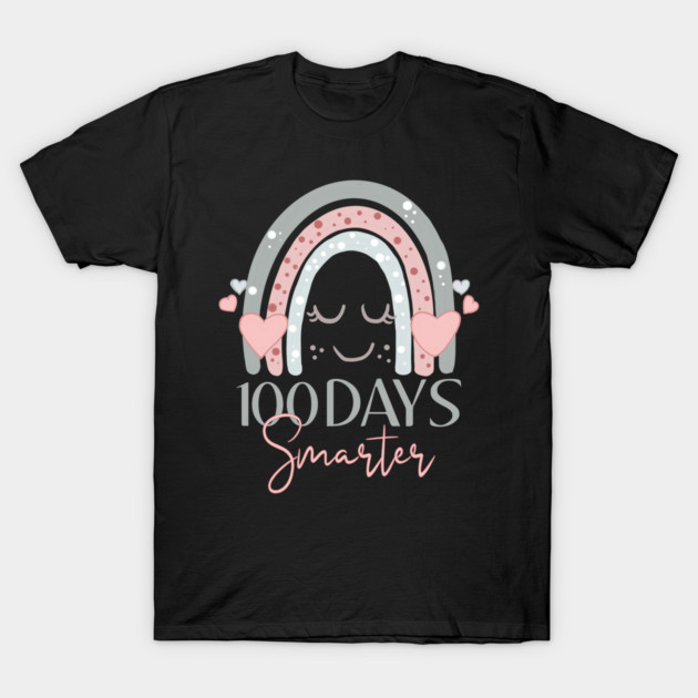 Black T-shirt with "100 Days Smarter" design, featuring a pink and gray rainbow and heart accents, casual style.
