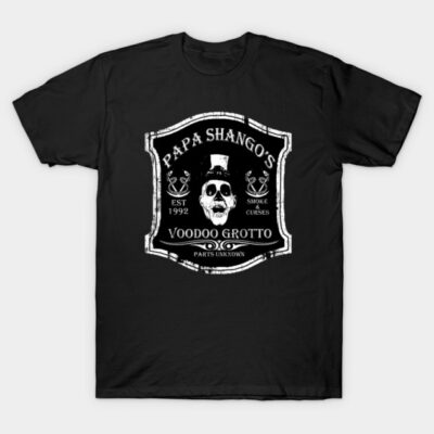 Black graphic t-shirt featuring skull design with "Voodoo Grotto" text, perfect for casual wear or themed events.