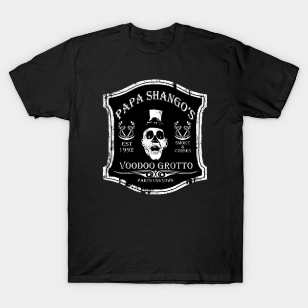 Black graphic t-shirt featuring skull design with "Voodoo Grotto" text, perfect for casual wear or themed events.