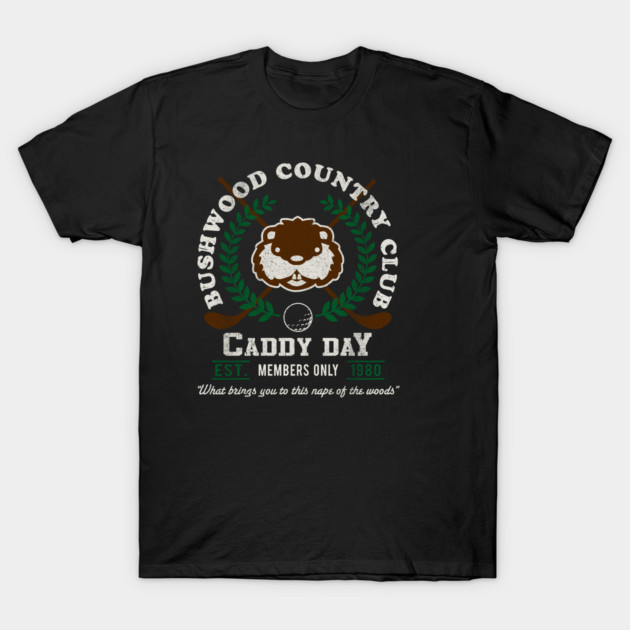 Black t-shirt with "Bushwood Country Club" logo and text, casual wear, cotton fabric, ideal for sports or leisure.