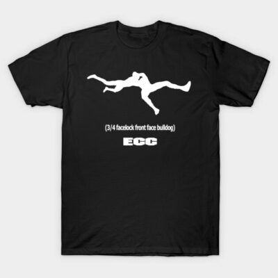Black T-shirt with white graphic design, featuring wrestling move silhouette, casual style, cotton material.