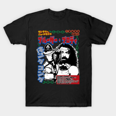 Black graphic t-shirt featuring retro cartoon design with colorful text and illustrations, ideal for casual wear.