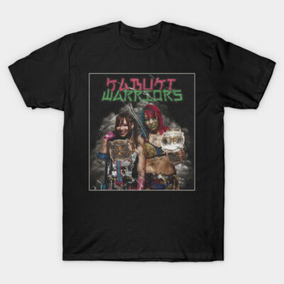 Black Kabuki Warriors graphic t-shirt featuring vibrant wrestling-themed design, perfect for casual wear and sports fans.