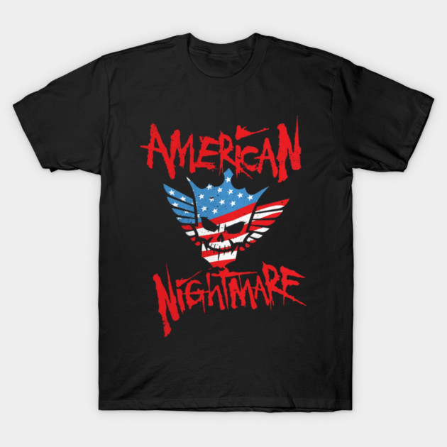 Black graphic T-shirt with "American Nightmare" text and skull design in red, white, and blue. Casual style.