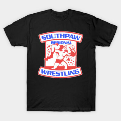 Black t-shirt with red and blue "Southpaw Regional Wrestling" graphic, ideal for casual wear.